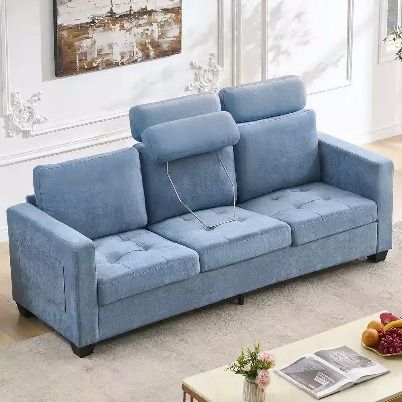3-Seat Upholstered Sofa with Removable Headrests and Side Pockets