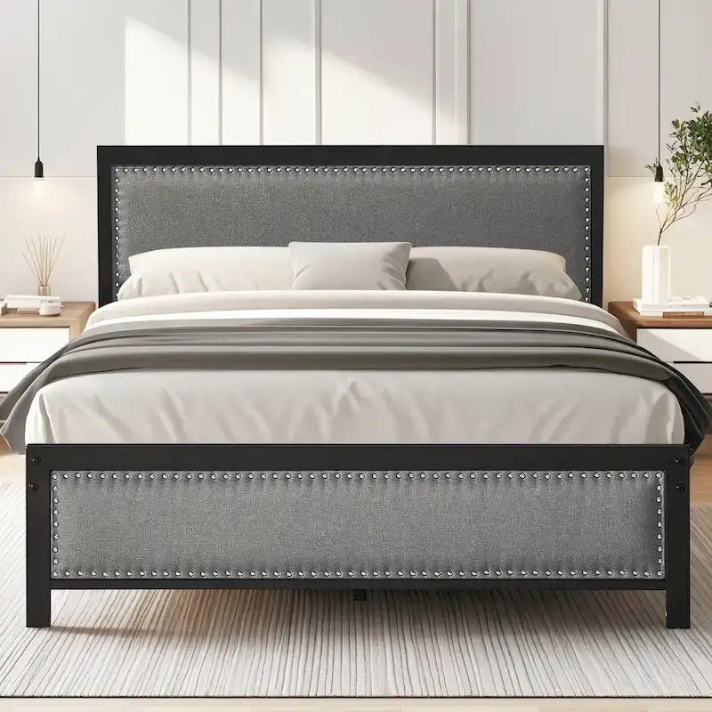 Bed Frame with Upholstered Linen Headboard and Footboard, Heavy-Duty Platform with Strong Metal Slats