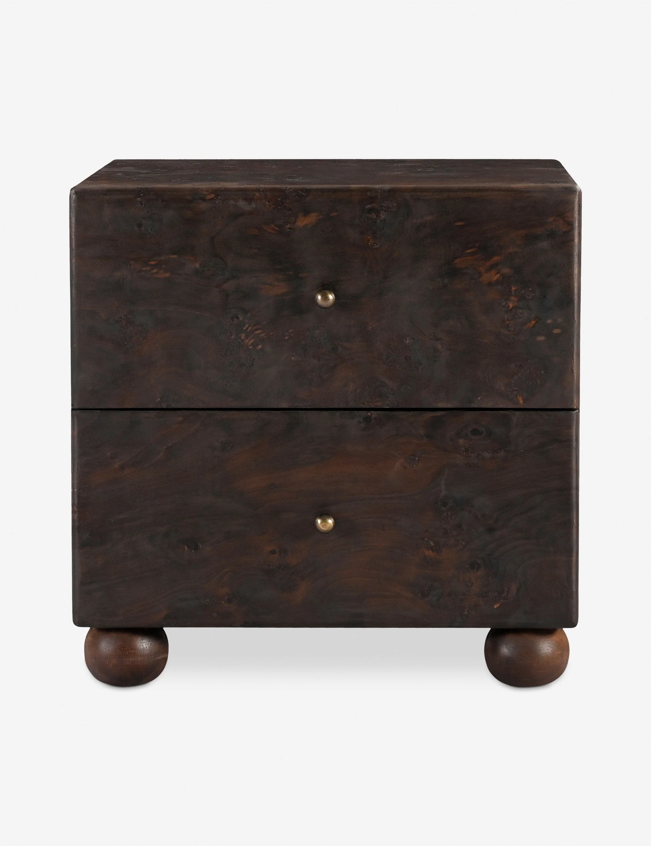 Nightstand Bring a timeless finish to your bedroom edit. The nightstand sits on bun feet with a solid bearing, clad in burl and brass for that