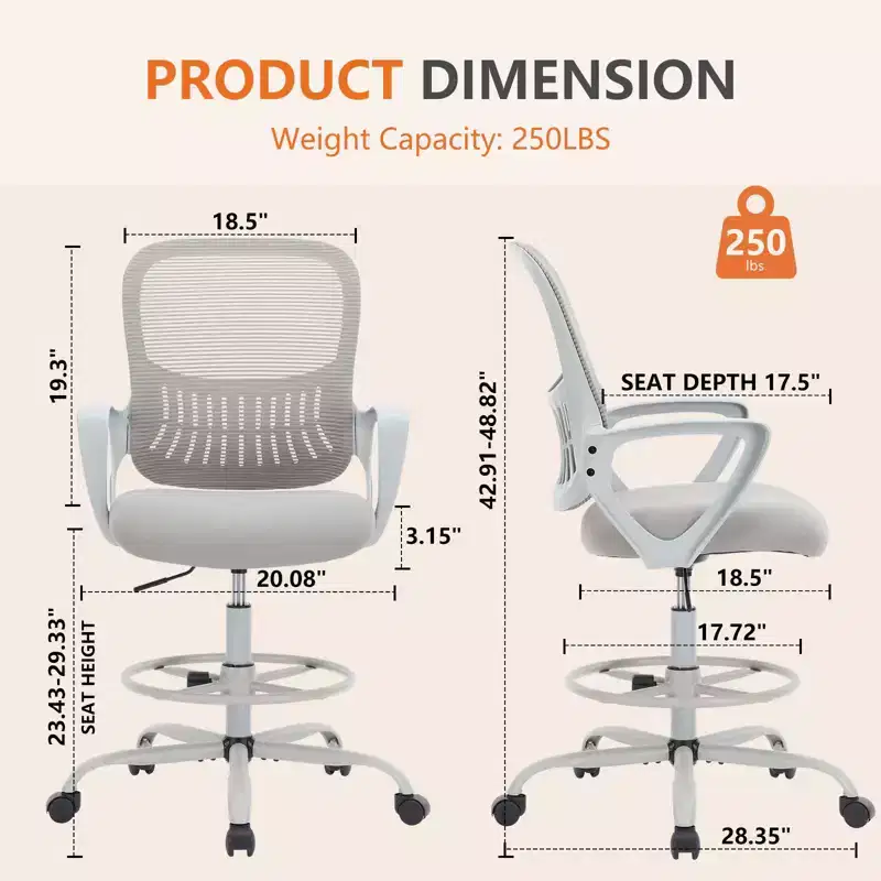Tall Counter Height Office Chair with Adjustable Foot Ring, Designed for Standing Desks