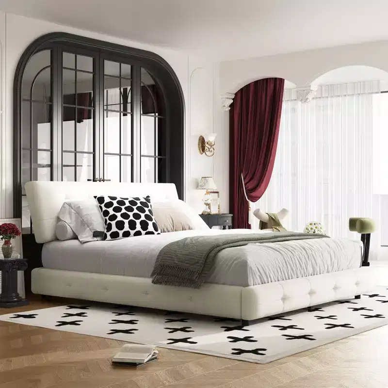 Whisen King Size Chenille Platform Bed, Wooden Bed Frame,Tufted Headboard with Extra-Large Ultra-Soft Cloud Pillow