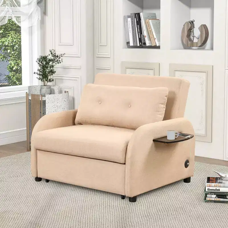 Pull-Out Sofa Sleeper 3-in-1 with Charging Station for Living Room or Recreation Room - Beige