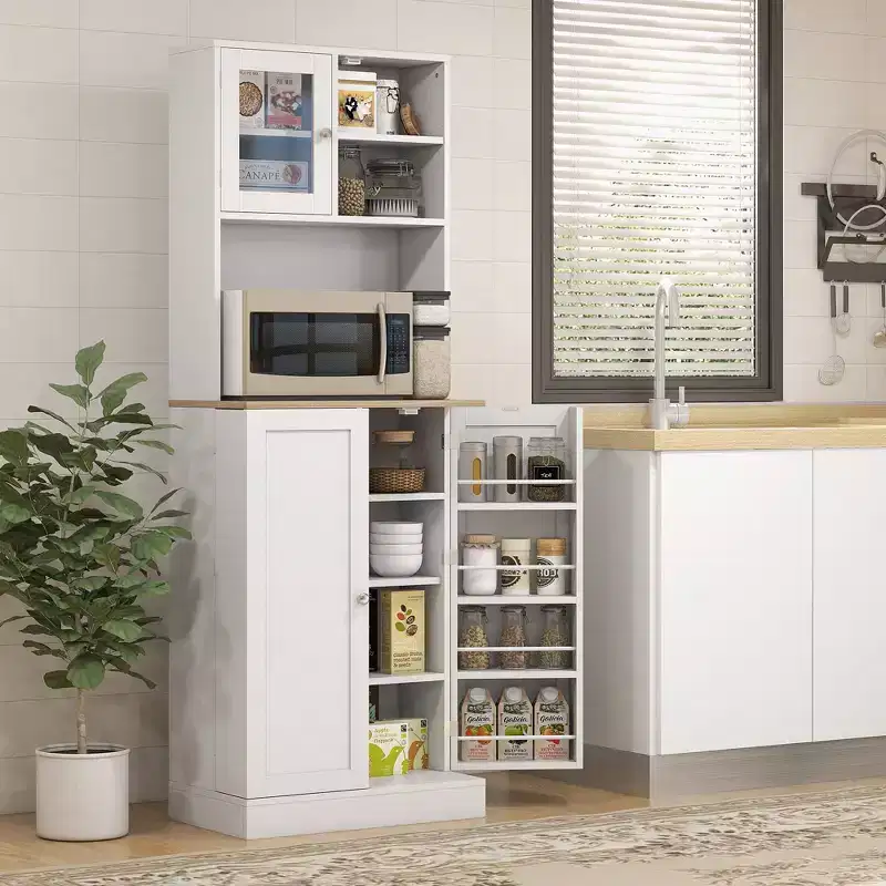HOMCOM 66.5 Pantry Cabinet with Microwave Stand, Freestanding Kitchen Storage Cabinet with Hutch and Adjustable Shelves, White