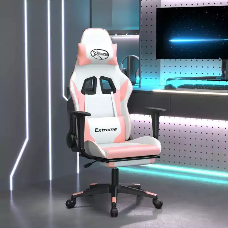 vidaXL Gaming Chair with Footrest, White and Pink, Faux Leather