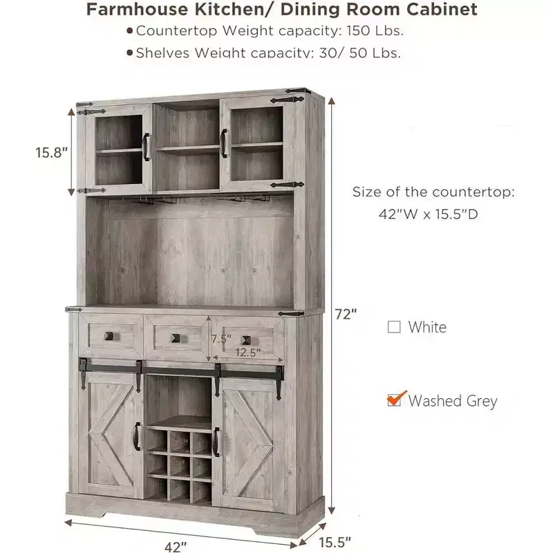 72 Farmhouse Bar Cabinet with Sliding Barn Door, Tall Kitchen Buffet with Storage Hutch and 3 Drawer