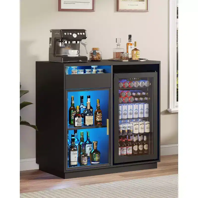 Coffee Bar Cabinet with Fridge Space, Buffet Sideboard with LED Lights & Power Outlets, Glass Door Liquor Storage Cabinet, Black