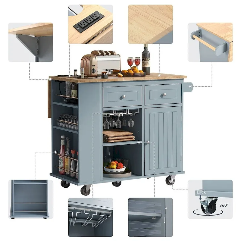 Kitchen Island Cart with Wheels ,Power Outlet, Drop Leaf, Wine Rack