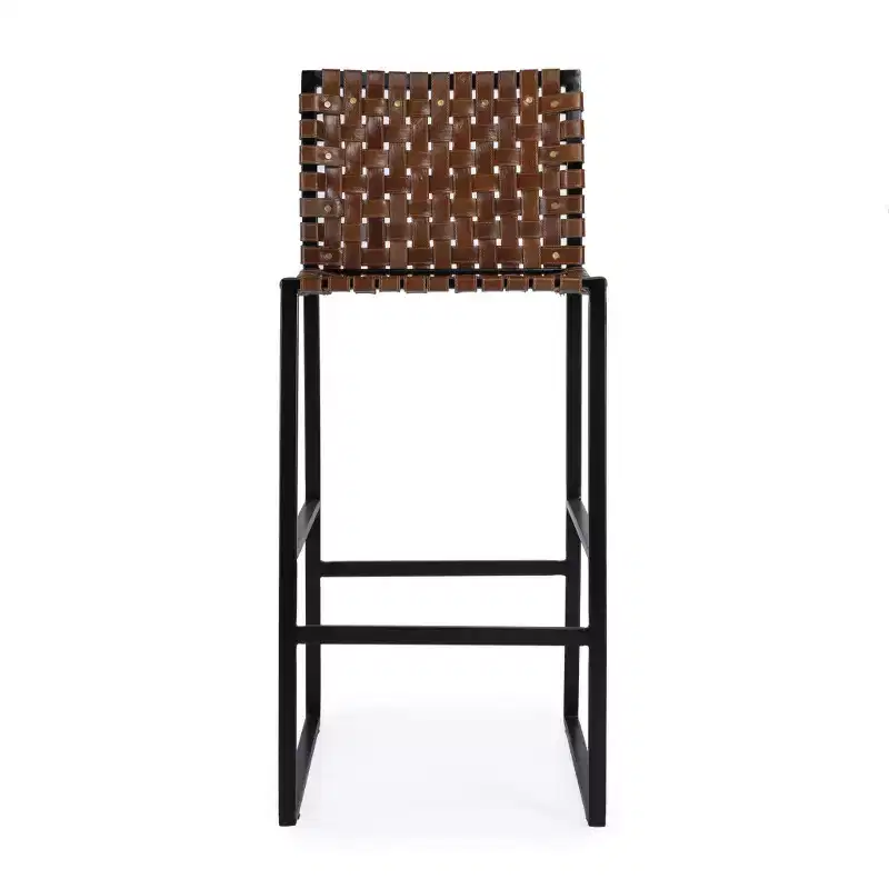 28-Inch Brown and Black Leather Bar Stool with Iron Frame