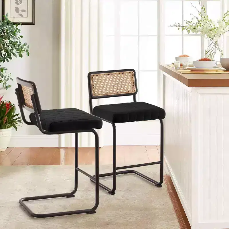 Bekrvio 30 Swivel Bar Stools Set of 2/3/4 with Cane Back,Velvet-Upholstered &Black Metal Frame,Mid Century Modern Kitchen Stool for Island Home Pub