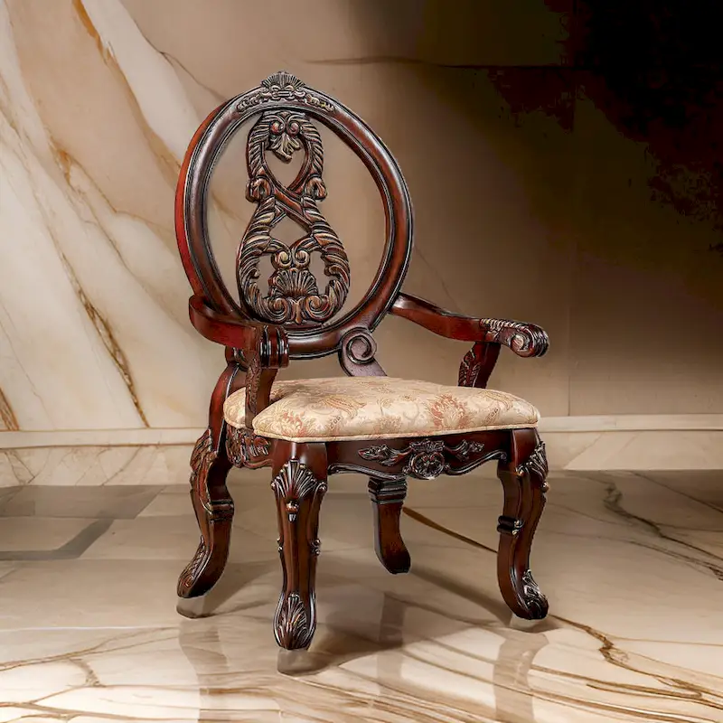 28 Inch Dining Side Chair (2-Pack), Brown Wood Carved Back, Beige Fabric