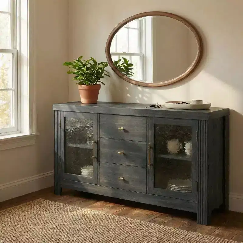 Buffet Sideboard, Coffee Bar Table with 2 Glass Doors, 3 Drawers, Accent Storage Cabinet for Living Room, Kitchen, Dining Room, Entryway