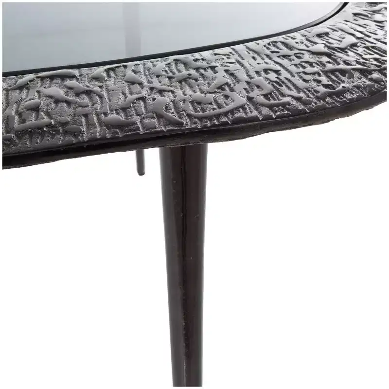 Aluminum Oval Shaped Coffee Table with Shaded Glass Top and Engravings Black: Indoor, Fully Assembled