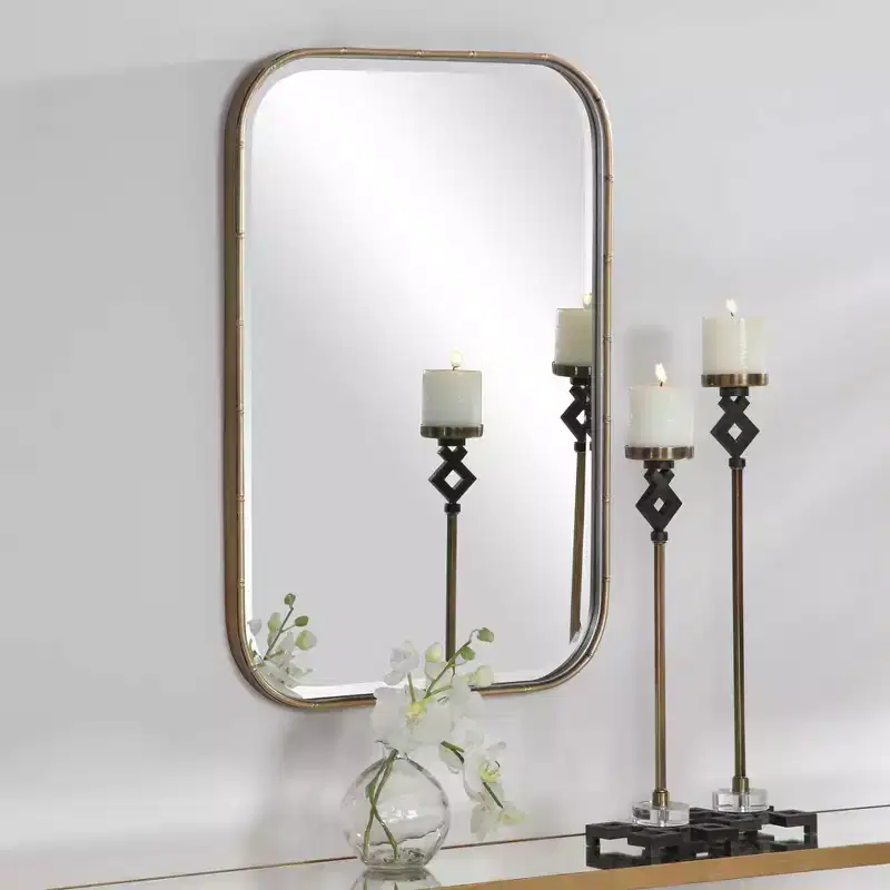Rectangular Vanity Accent Wall Mirror Modern Beveled Antique Gold Iron Frame 20 1/4 Wide for Bathroom Bedroom Home