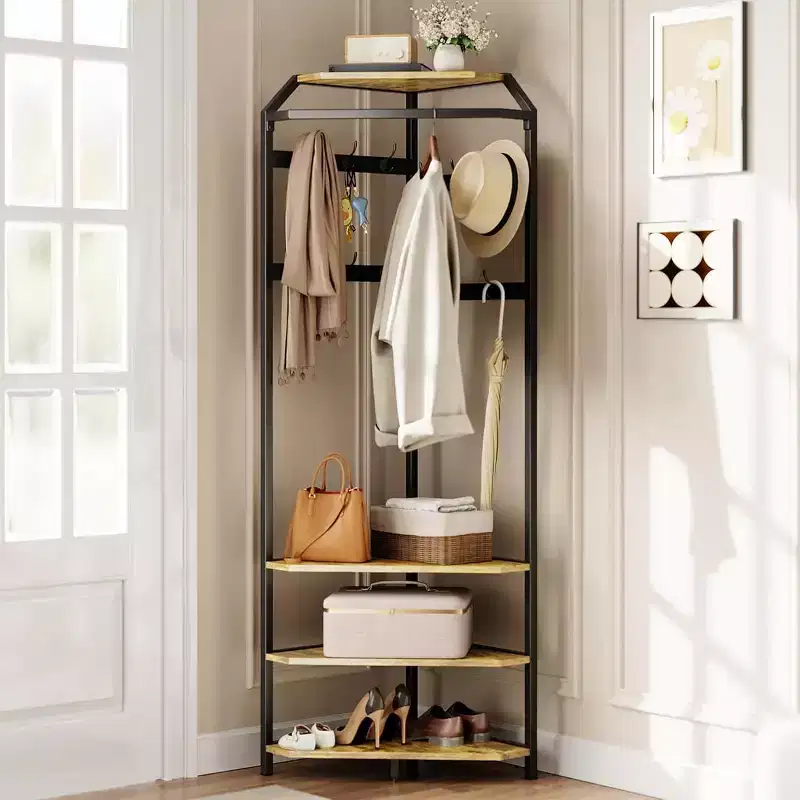 Corner Coat Rack, Freestanding Hall Tree with Shoe Bench, Entryway Coat Rack with 3-Tier Storage Shelves and 12 Hooks for Bedroom, Living Room
