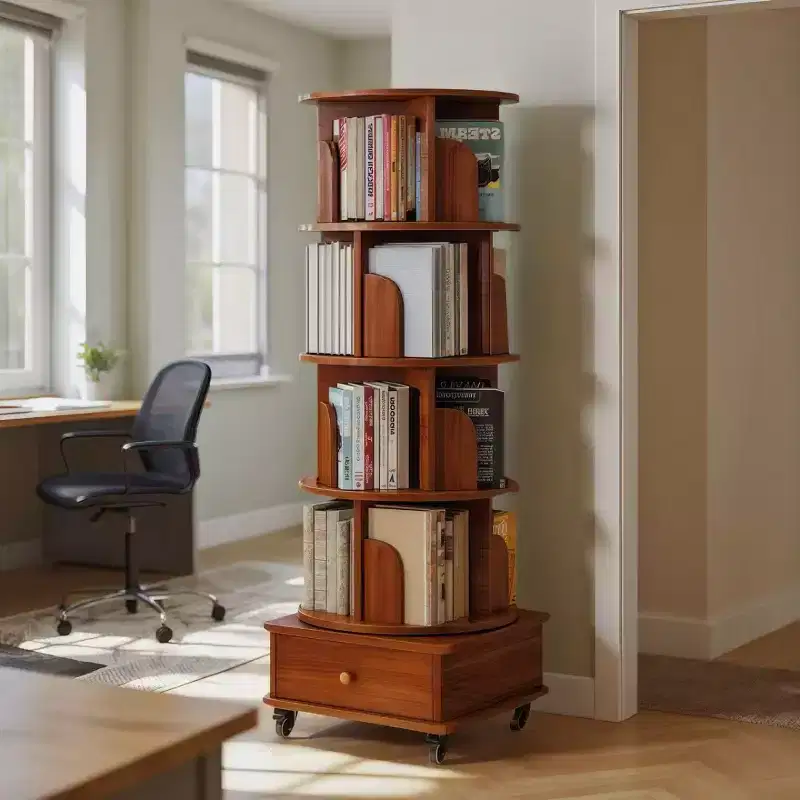 360 Rotating Bookshelf with Storage, Floor-Standing 4-Tier Corner Shelf for Small Spaces, Mobile Bookcase with Wheels for Home Office