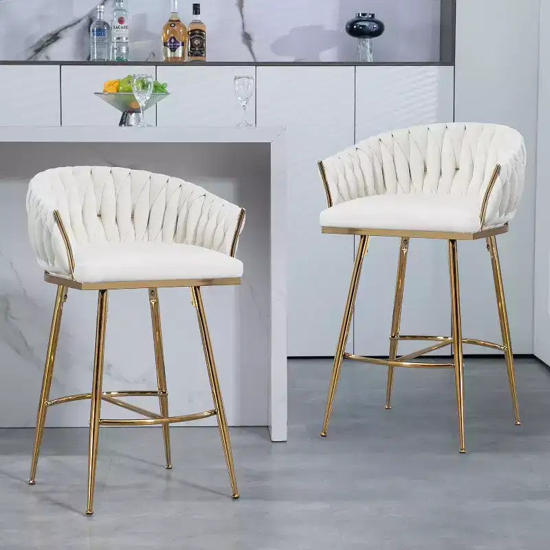 Okak 26 Inch Counter Stools with Velvet Upholstery, Hand-Wave Back Bar Stools with Golden Chromed Base and Footrest, for Kitchen Island, Home Bar
