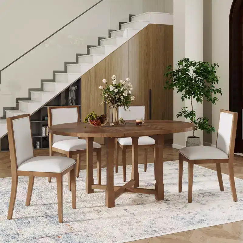 Extendable Farmhouse Dining Table Set – Brown / Gray+White, Seats 4