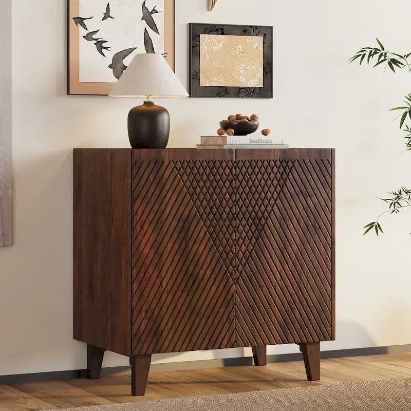 Rustic Wood Accent Cabinet,Fluted Design,Adjustable Shelf,Storage