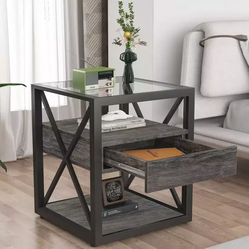 Okak Modern End Table with Drawer, Industrial Side Table with Tempered Glass Tabletop, Couch Table for Living Room, Bedroom