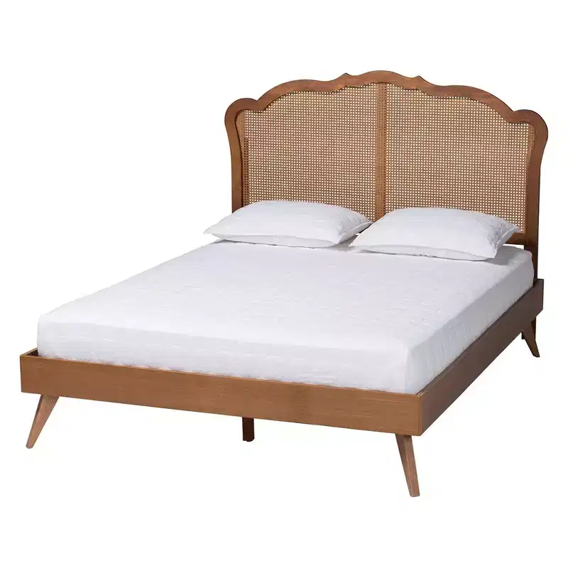 Queen Aithan Wood and Rattan Platform Bed Walnut Brown