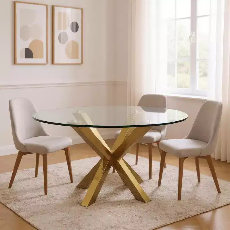 54 Clear and Gold Glass and Metal Cross Leg Base Round Top Dining Table