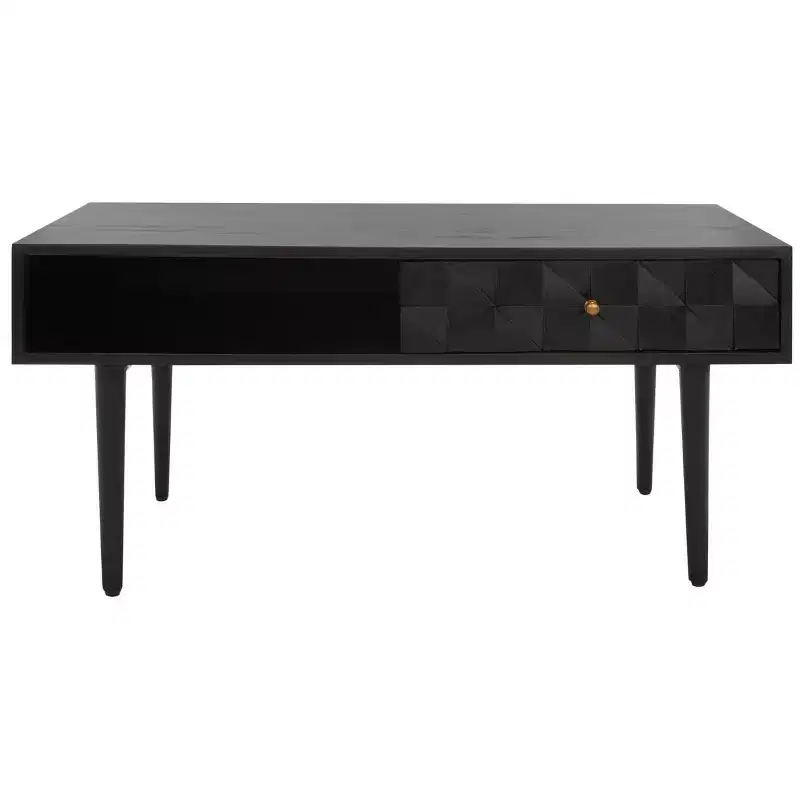 Coffee Table with Open Shelf and Carved Drawer, Walnut Finish