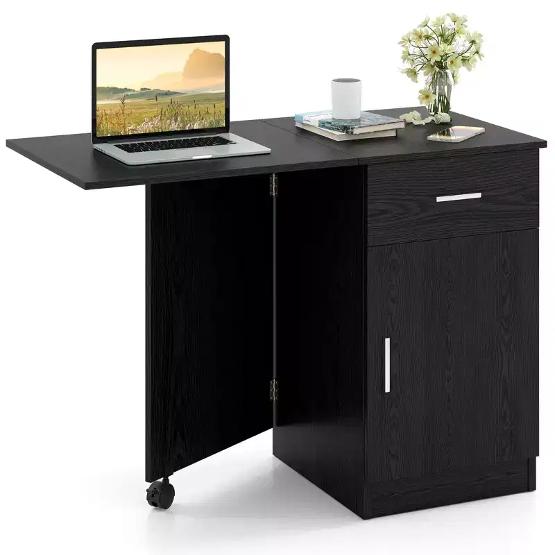 Folding Computer Desk with Drawer Cabinet & Adjustable Shelf Wheel for Living Room, Black/White
