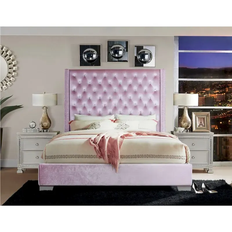 Newell Pink Velvet Upholstered Tufted Panel Bed