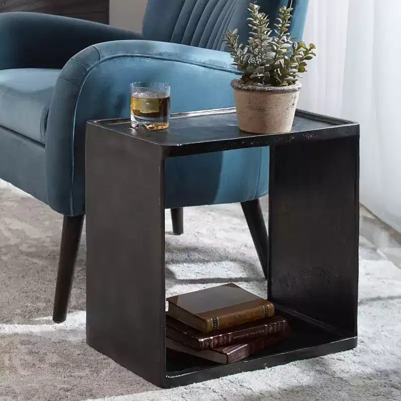 Industrial Antique Nickel Accent Side End Table 20 x 12 with Storage Black Living Room Bedroom Bedside Entryway House
