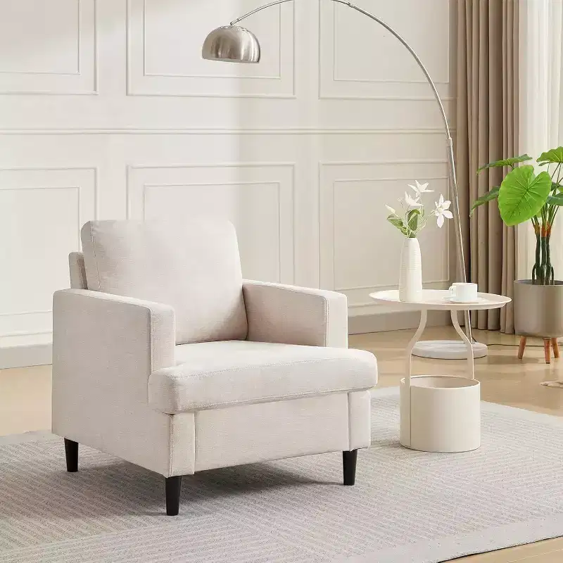 Mid-Century Modern Linen Fabric Armchair Comfy Upholstered Sofa with Thick Cushion & Leg, Deep Seat & No Assembly Required, for Living Room, Bedroom