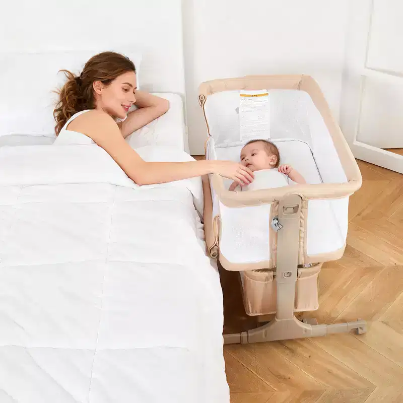 3-in-1 Adjustable Bedside Bassinet,Portable Baby Co-Sleeper with Mosquito Net & Storage Basket | Convertible Travel Crib with Wheels