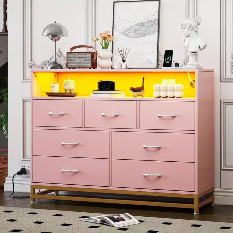 7-Drawer Bedroom Dresser TV Stand,Farmhouse Dresser with Charging Station & LED Lights, 47 Wide 7-Drawer Wooden Storage Chest, Modern