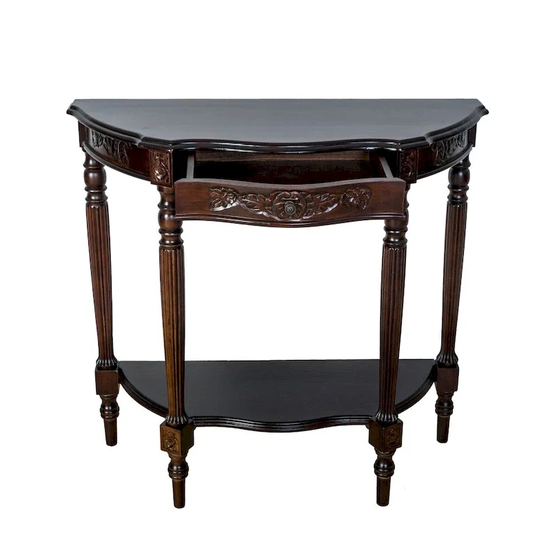 Half Crescent Moon Shape Engraved Birch Wood Console Table with Drawer – Brown, 1-Unit