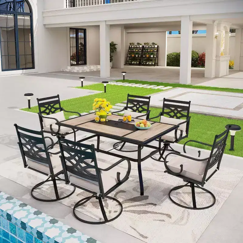 7pc Outdoor Dining Set: Black/Beige, Steel Frame, Water & Rust Resistant, 6 Arm Chairs, Rectangle Table, Patio Furniture
