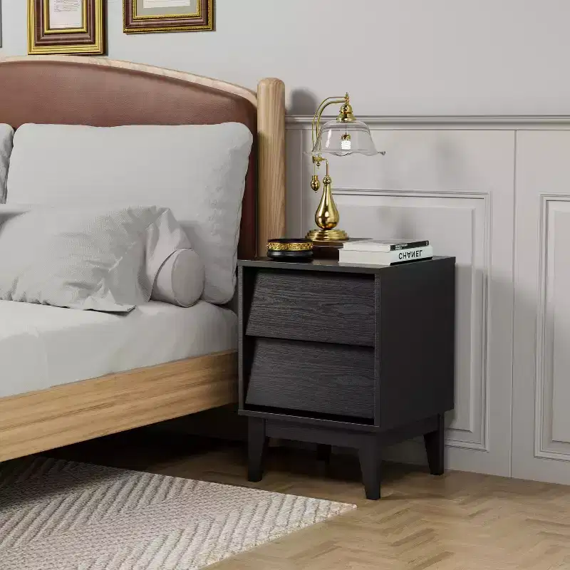 Mid-Century Modern Nightstand LED/Night Light Drawer Storage Solid Wood Set of 2