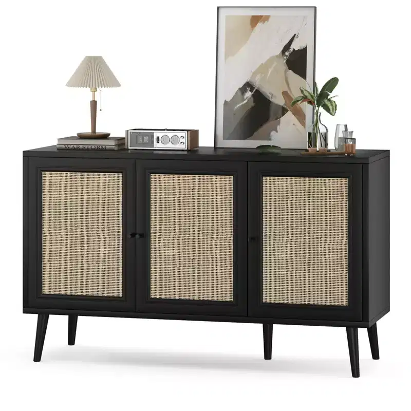 Sideboard Buffet Cabinet Kitchen Cabinet with 3 Rattan Doors and Adjustable Shelves