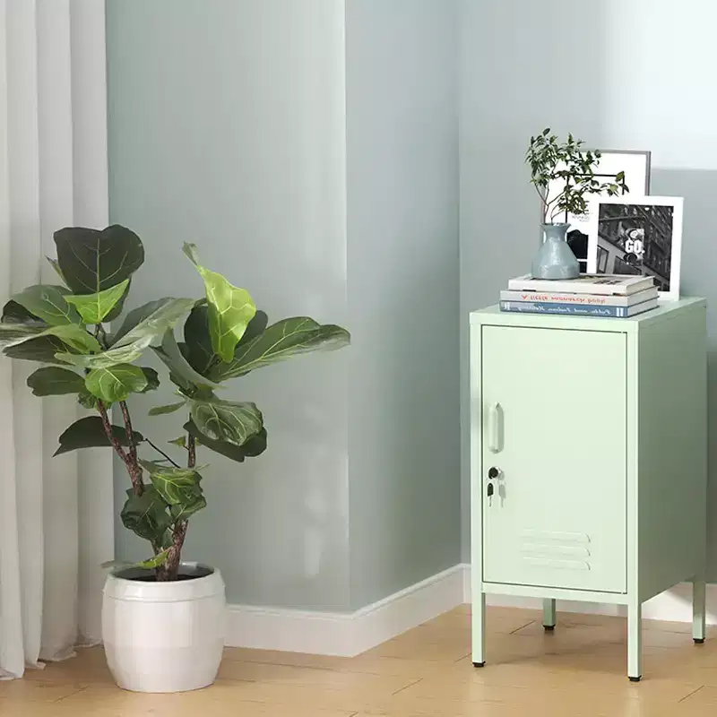 Acekool Lockable Metal End Table with Single Door, 2 Adjustable Shelves, Modern Minimalist Storage Cabinet for Bedroom and Living Room, Pink