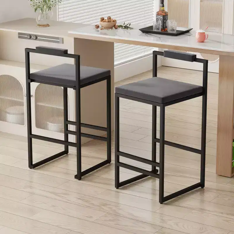 Velvet Upholstered Bar Stools Counter Height With Footrest Backrest Modern Dining Chairs Black Gray