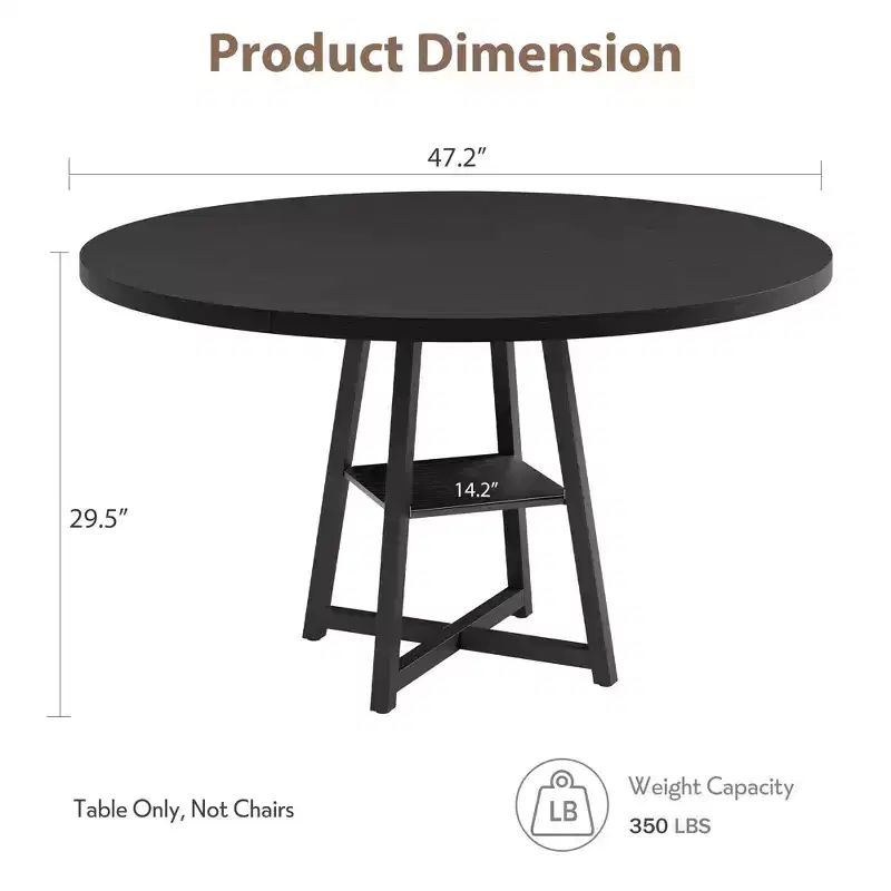 Acekool 47 Inch Round Dining Table for 4-6, Industrial Kitchen Table with Storage Shelf, Space Saving for Dining Room/Kitchen