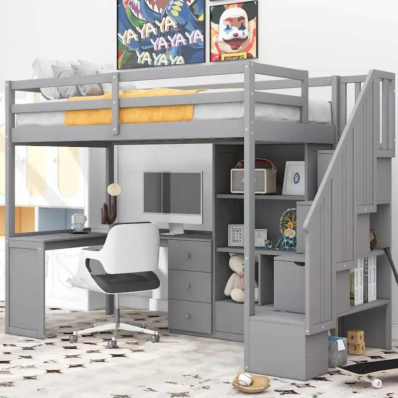 Twin Size Loft Bed with L-Shaped Desk, Drawers, Cabinet and Storage Staircase – Gray