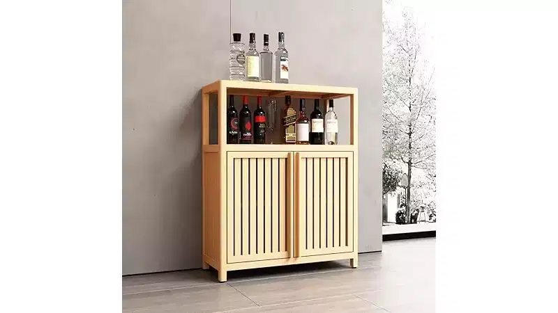 Bathroom Storage Cabinet with Double Slatted Doors, Open Side Shelf; Freestanding Organizer for Bathroom, Living Room, Hallway, Kitchen Neutral