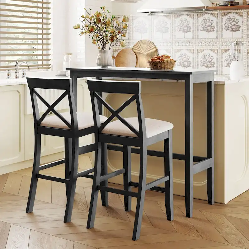 Farmhouse Dining Table with 2 Bar Chairs | Solid Acacia Wood
