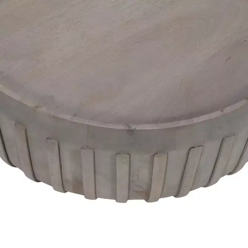 36 Inch Coffee Table, Handcrafted Drum Shape with Ribbed Edges, Mango Wood