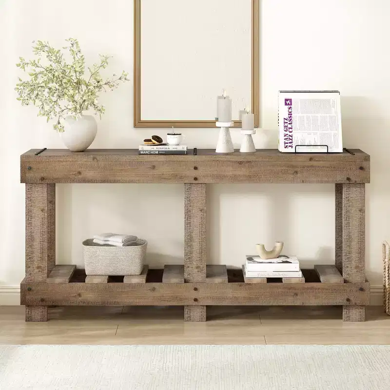 Vintage Console Table with Bottom Shelf & 6 Legs, 63 Inch Long Entryway Sofa Table with Metal Rivet Decor for Hallway Living Room
