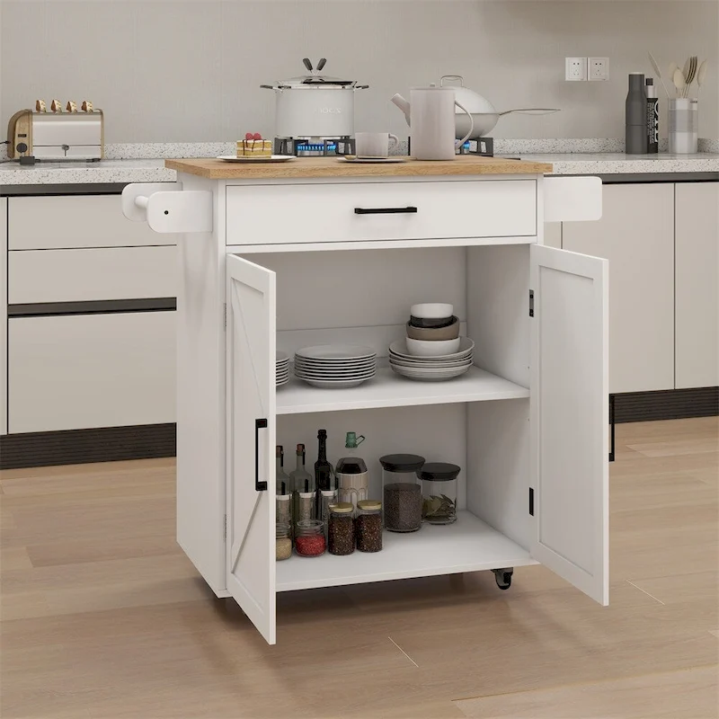 Kitchen Island Rolling Trolley Cart w/Adjustable Shelves,Wood Tabletop