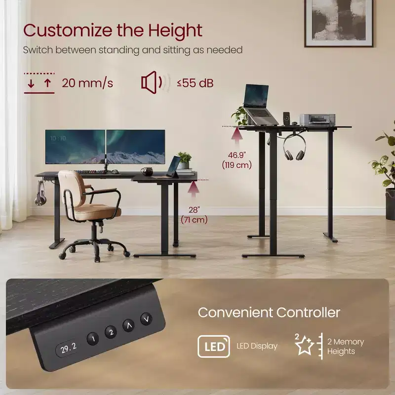L-Shaped Computer Desk, Corner Desk with Power Outlets, Height Adjustable Computer Desk, Gaming Desk, Memory Function
