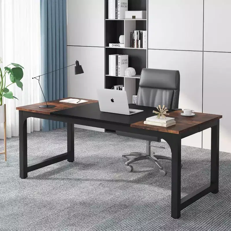 Lantine 70.8-Inch Executive Desk, Large Office Computer Desk with Thick Frame, Modern Workstation for Home Office, Rustic Brown/Black