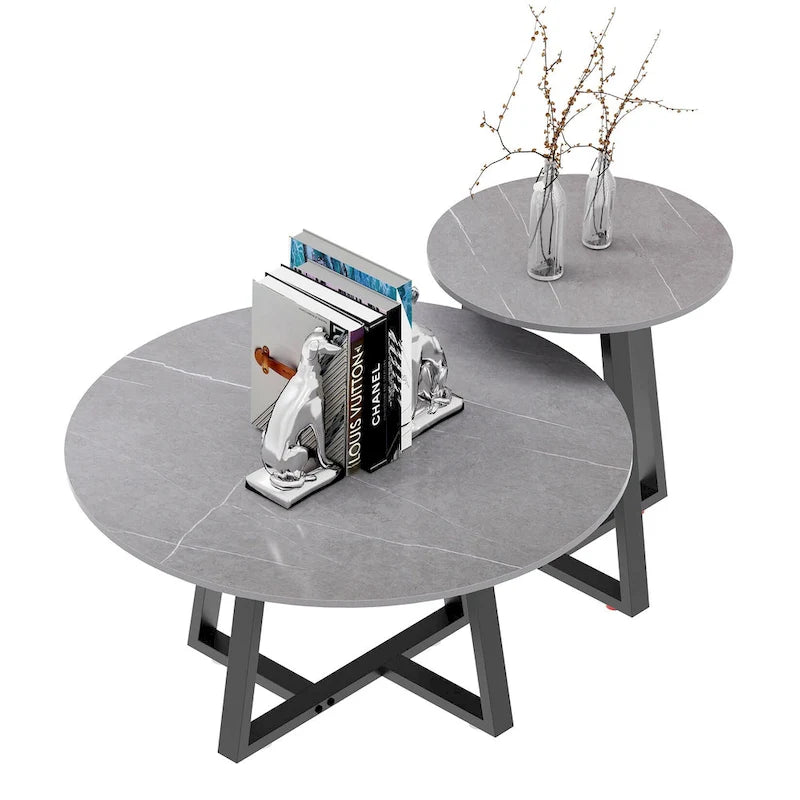 Set of 2 Round Nesting Tables Sintered Stone Marble Coffee Table - 31.5x15.7 inch