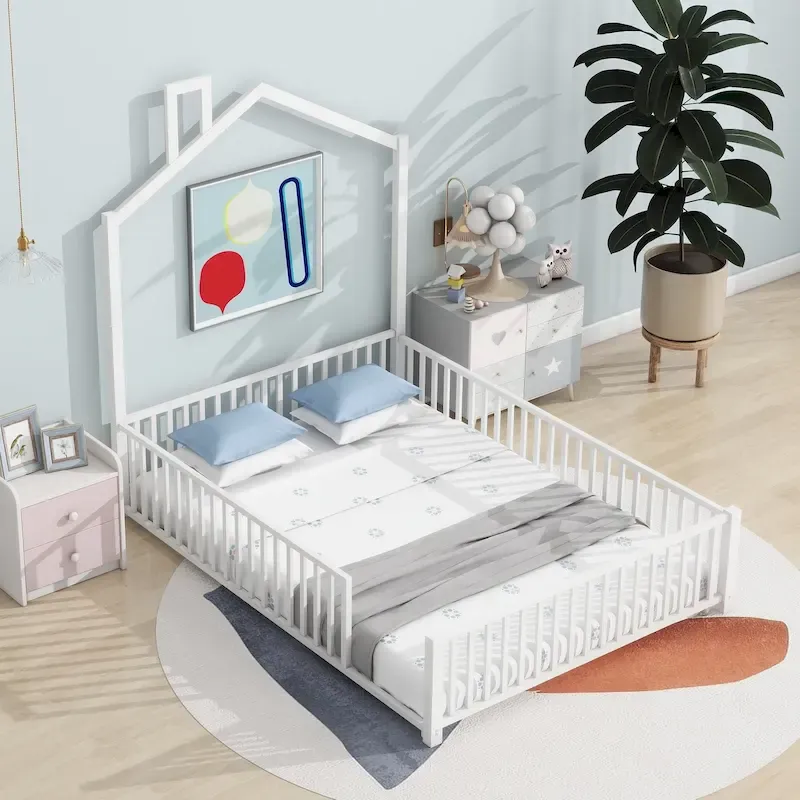 Metal House-Frame Platform Bed Full Size with Guardrails