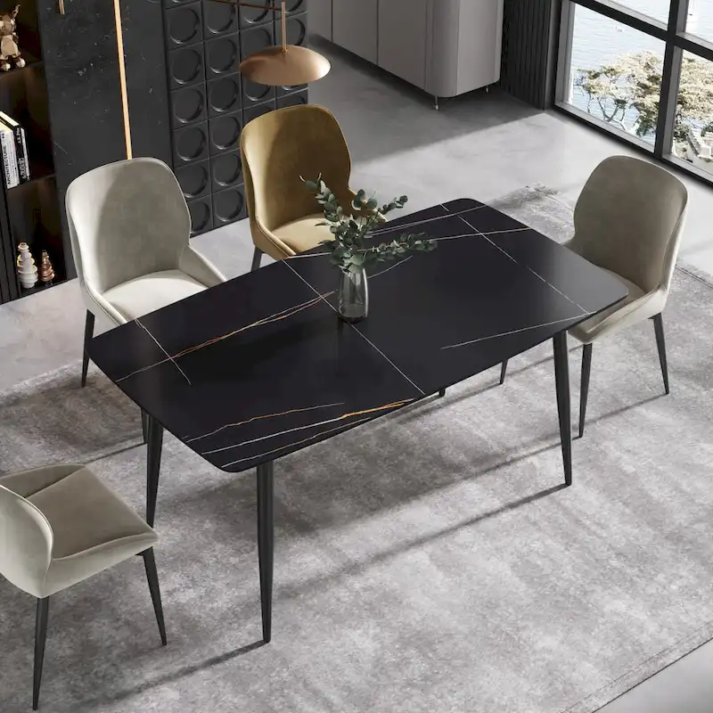 63-Inch Dining Table with Sintered Stone Tabletop and Metal Base